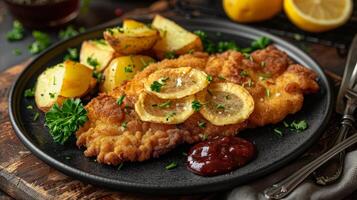 Fried Fish and Potatoes on Black Plate photo