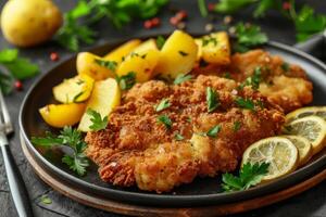 Plate of Fried Chicken With Lemons and Parsley photo