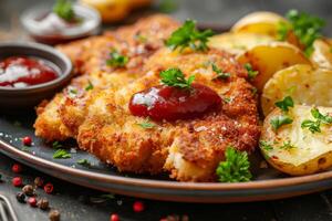 Plate of Food With Potatoes and German Schnitzel photo