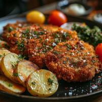 Plate of Food With Potatoes, Tomatoes, and German Schnitzel photo