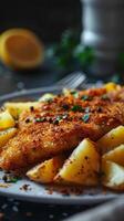 Chicken Schnitzel With Potatoes on White Plate photo