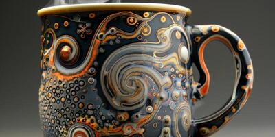 Steaming coffee cup on table photo