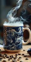 A cup of coffee with rising steam photo