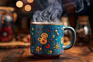 Cup with monkey on table photo