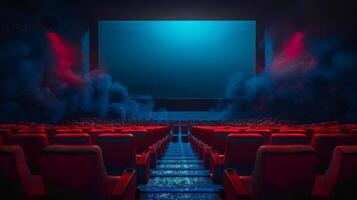 An empty theater with red seats and a blue screen photo