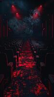 A haunting empty theater with red lights and smoke photo