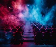 Empty auditorium filled with red and blue smoke photo