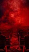 Row of empty seats in front of red sky photo