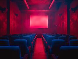 Theater with rows of seats and screen photo
