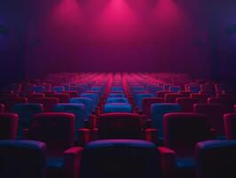 Rows of empty seats in theater with red and blue lights photo