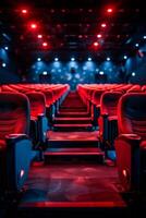 Rows of seats and red lights in a theater photo