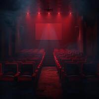 An empty theater with red seats and a projector screen photo