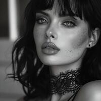 Elegant woman with freckles in black and white photo