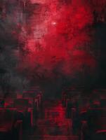 A painting of red and black chairs in a dark room photo