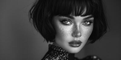 Freckled hair woman in black and white photo