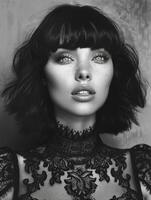Elegant woman with bangs in black and white photo
