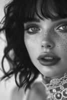 Woman with freckled hair in a black and white portrait photo