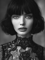 Elegant woman with bangs in black and white photo