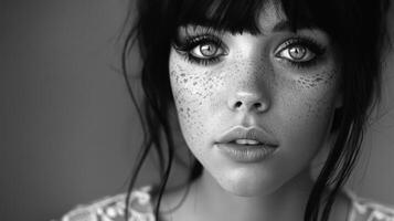 Elegant woman with freckles in black and white photo