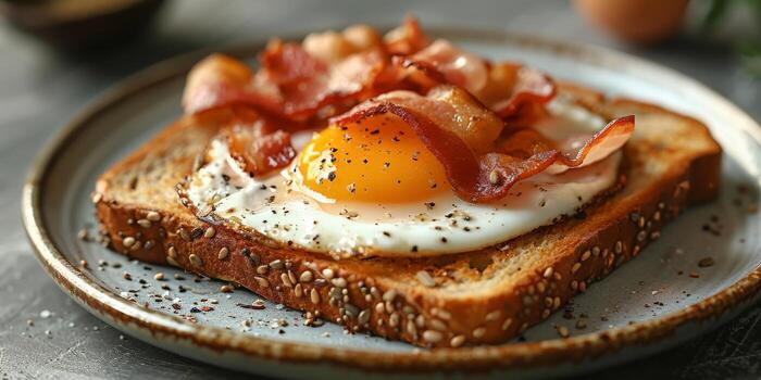 Plate with bacon and egg-topped toast photo
