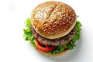 Delicious hamburger with lettuce, tomato, and cheese photo