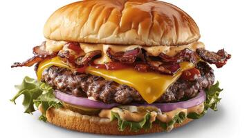 Delicious cheeseburger with bacon, lettuce, and tomato photo