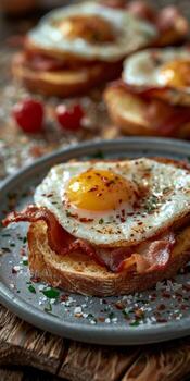 Plate topped with bacon and egg sandwich photo
