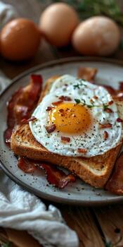 Plate topped with toast and egg photo