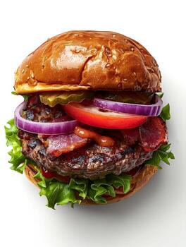 Classic hamburger with lettuce, tomato, onion, and pickles photo
