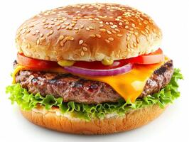 Delicious hamburger with cheese, tomato, lettuce, and onion photo