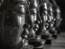 Row of buddha heads in alignment photo