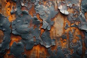 Deteriorating rusted metal surface with peeling paint photo