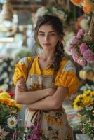 Woman standing in front of bunch of flowers photo