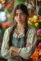 Woman with long hair standing in front of flowers photo