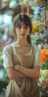 Woman standing in front of flowers photo