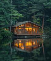 A cabin surrounded by trees on a lake photo