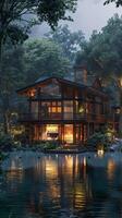Large house overlooking lake by forest photo