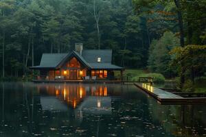 House overlooking lake by forest photo
