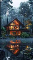 Cabin surrounded by trees in forest photo