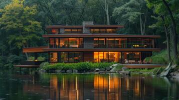Large house overlooking lush green forest photo