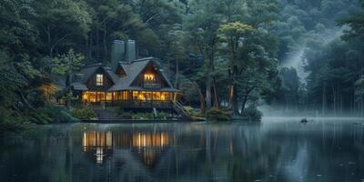 House floating in middle of lake photo