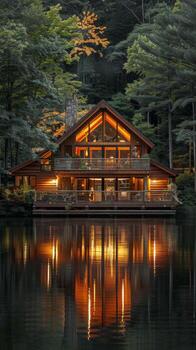 Cabin on a lake surrounded by trees photo