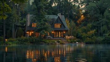 House overlooking lake amidst trees photo