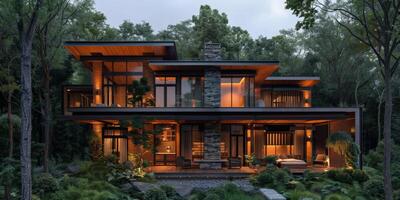 Beautiful house nestled in the woods photo