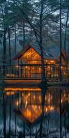 Cabin illuminated by water at night photo