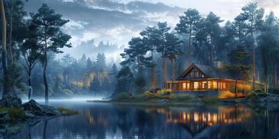 Cabin on a lake surrounded by trees photo