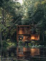 Cabin in the middle of a lake surrounded by trees photo