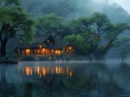 House perched on lake amidst trees photo