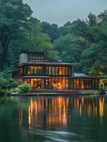 House perched on lake surrounded by trees photo