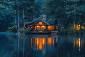 Cabin on a lake surrounded by trees photo